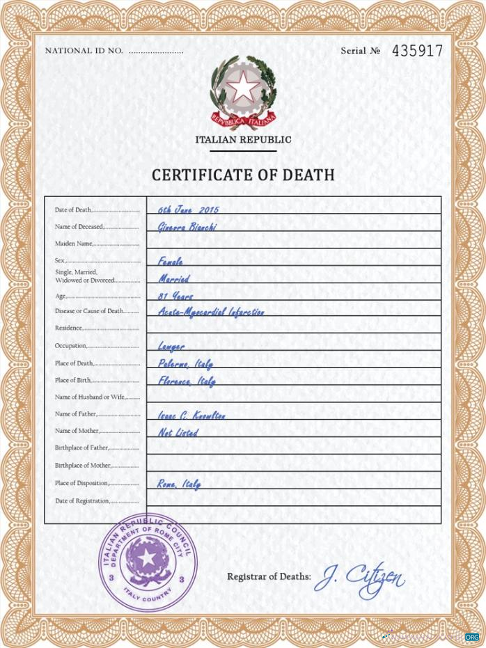 Download Italy vital record death certificate PSD template Photoshop template